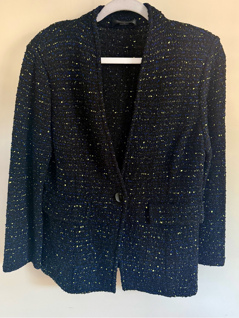 St. John Black Tweed Knit Blazer Jacket Blue Yellow Fleck Size 10